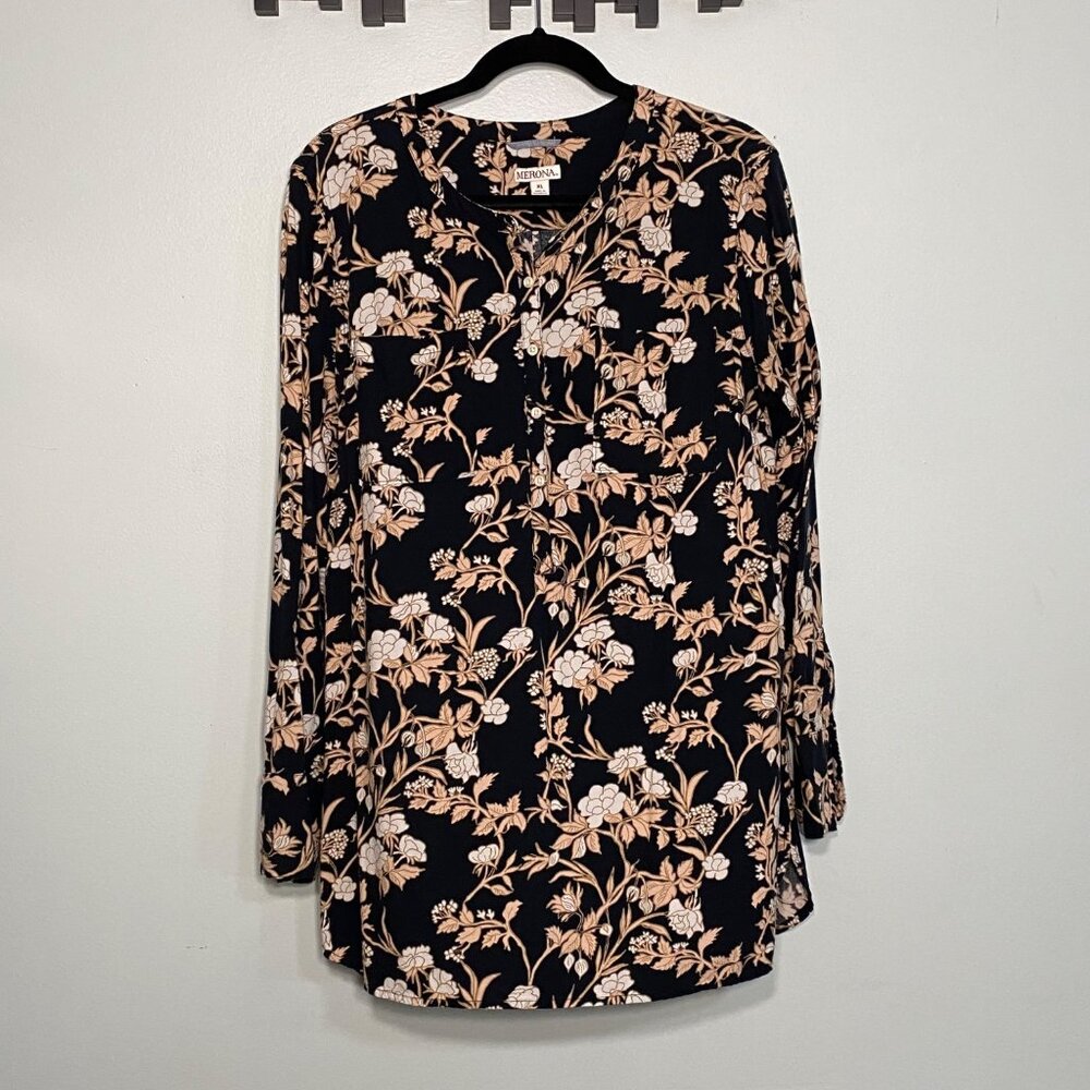 Merona Womens XL Floral Print Long Sleeve Tunic Top Black & Beige